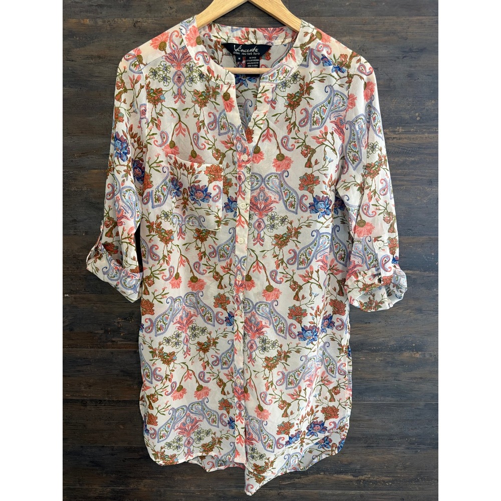 Vincente Paisley Floral Button Front Tunic Top Womens Medium Roll Tab Sleeve